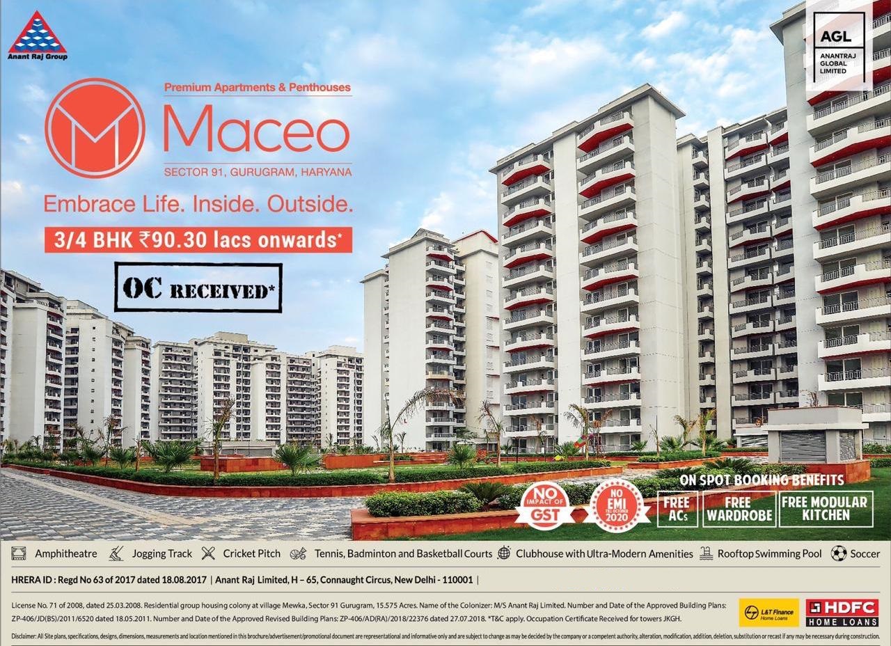 Book 3 and 4 BHK Rs 90.30 Lacs onwards at Anant Raj Maceo, Gurgaon